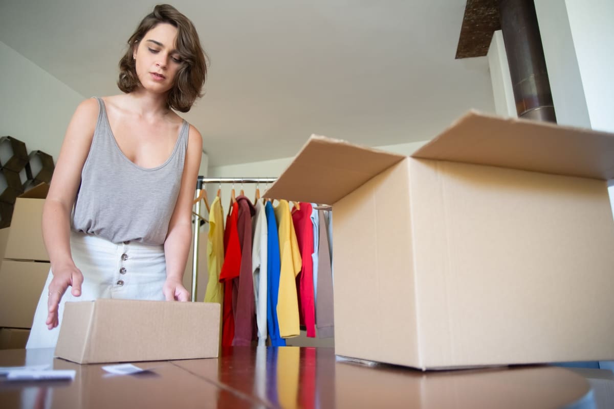 Online shop owner packing an order into a cardboard box next to a clothing rail